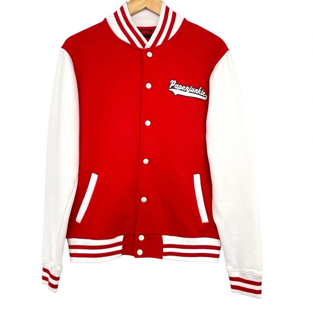 Paperjunkie Varsity Letterman Jacket Men Medium White Red Unisex - Picture 13 of 13